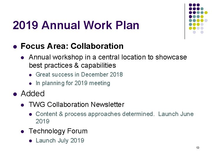 2019 Annual Work Plan l Focus Area: Collaboration l Annual workshop in a central