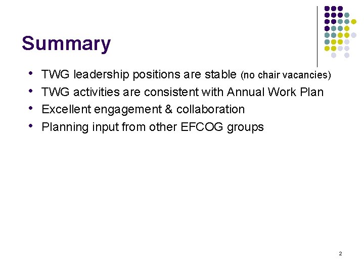 Summary • • TWG leadership positions are stable (no chair vacancies) TWG activities are