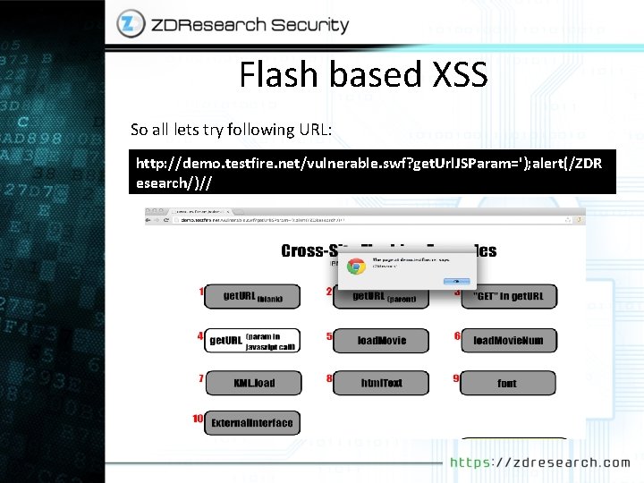 Flash based XSS So all lets try following URL: http: //demo. testfire. net/vulnerable. swf?