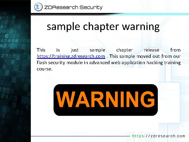 sample chapter warning This is just sample chapter release from https: //training. zdresearch. com.