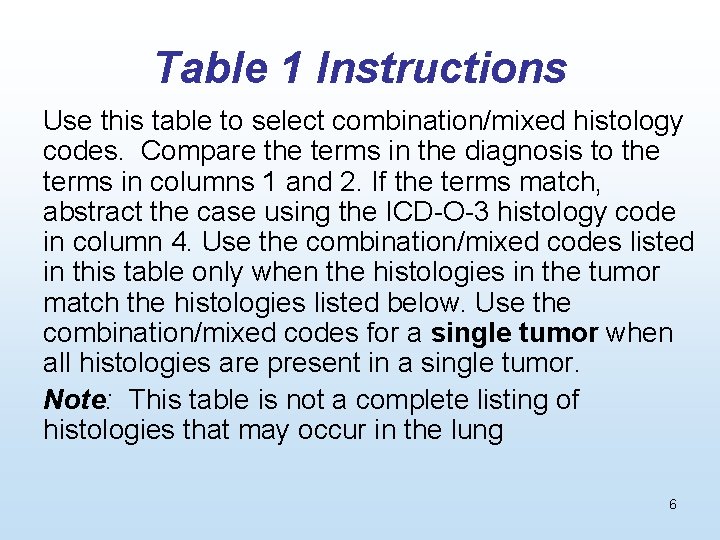 Table 1 Instructions Use this table to select combination/mixed histology codes. Compare the terms