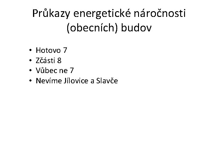 Průkazy energetické náročnosti (obecních) budov • • Hotovo 7 Zčásti 8 Vůbec ne 7