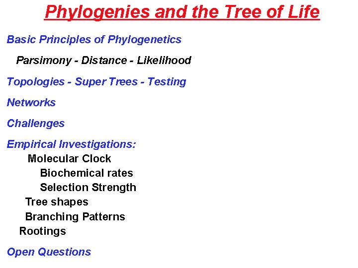 Phylogenies and the Tree of Life Basic Principles of Phylogenetics Parsimony - Distance -
