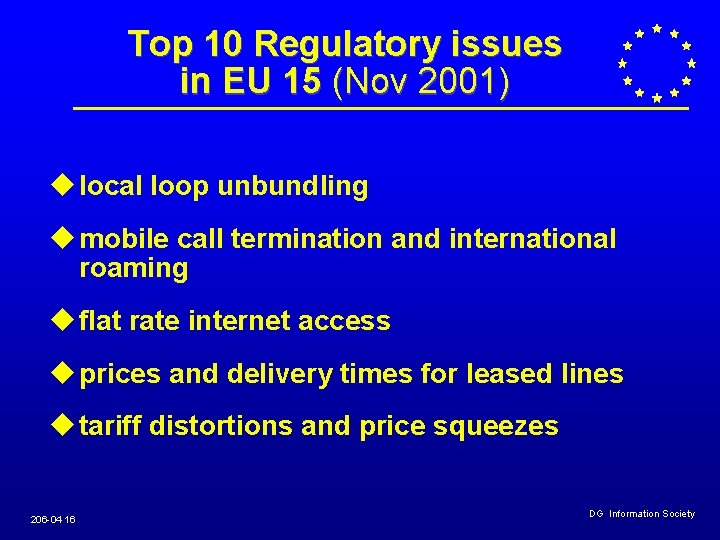 Top 10 Regulatory issues in EU 15 (Nov 2001) u local loop unbundling u Top 10 Regulatory issues in EU 15 (Nov 2001) u local loop unbundling u