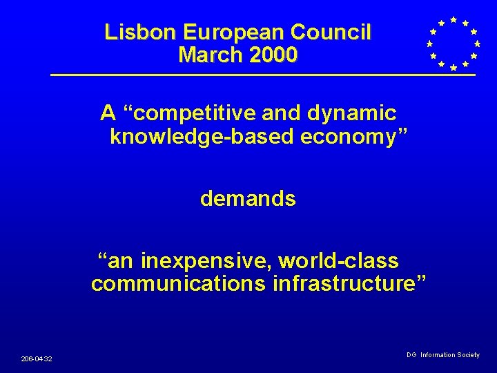 Lisbon European Council March 2000 A “competitive and dynamic knowledge-based economy” demands “an inexpensive, Lisbon European Council March 2000 A “competitive and dynamic knowledge-based economy” demands “an inexpensive,