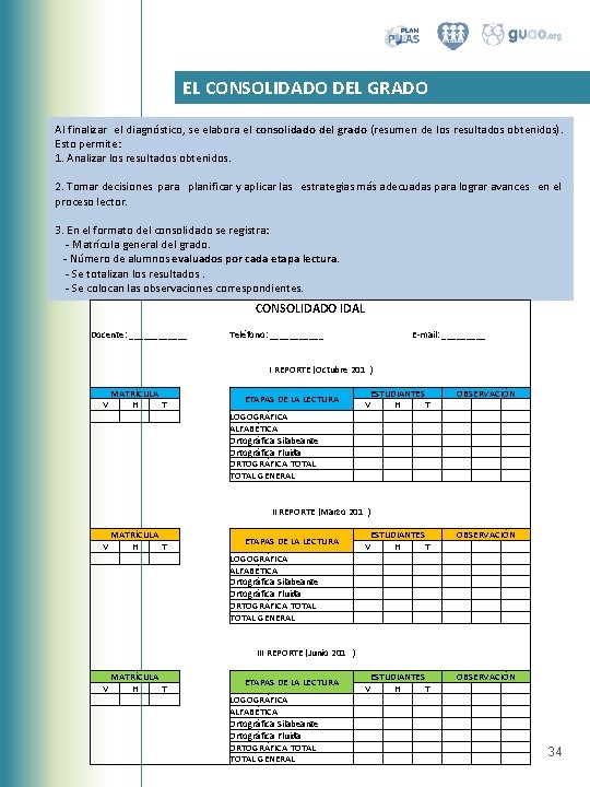 EL CONSOLIDADO DEL GRADO Al finalizar el diagnóstico, se elabora el consolidado del grado