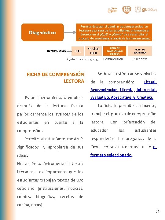 Diagnóstico Herramientas Permite detectar el dominio de competencias en lectura y escritura de los