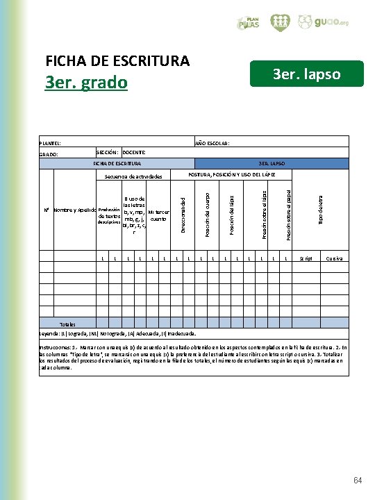 FICHA DE ESCRITURA 3 er. lapso 3 er. grado PLANTEL: AÑO ESCOLAR: SECCIÓN: DOCENTE: