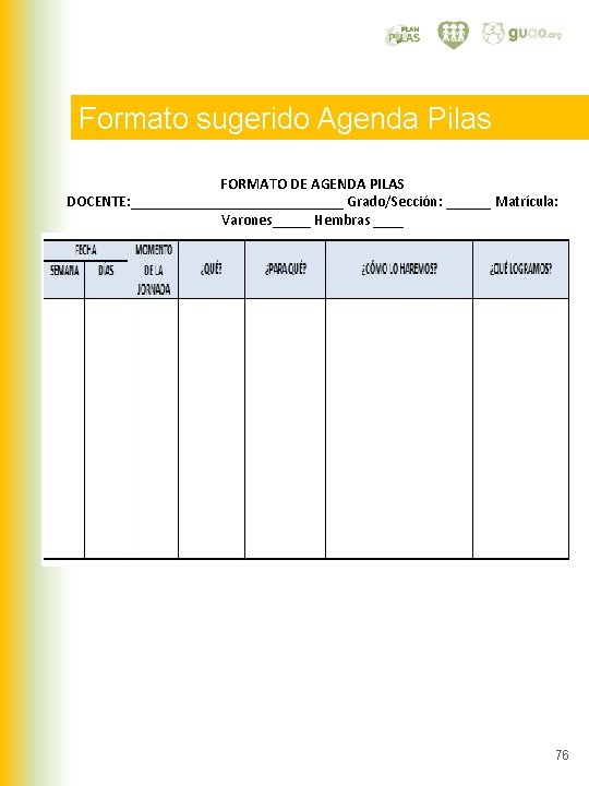 Formato sugerido Agenda Pilas FORMATO DE AGENDA PILAS DOCENTE: ______________ Grado/Sección: ______ Matrícula: Varones_____