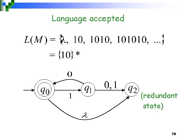 Language accepted (redundant state) 70 