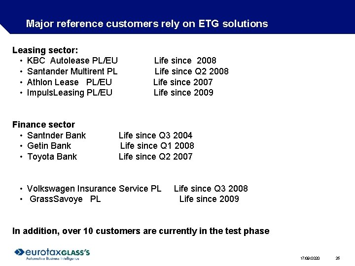 Major reference customers rely on ETG solutions Leasing sector: • KBC Autolease PL/EU • Major reference customers rely on ETG solutions Leasing sector: • KBC Autolease PL/EU •