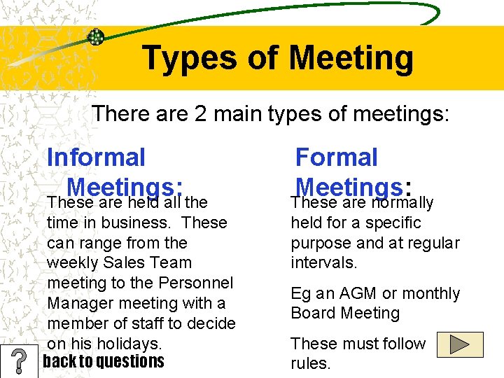 Types of Meeting There are 2 main types of meetings: Informal Meetings: These are