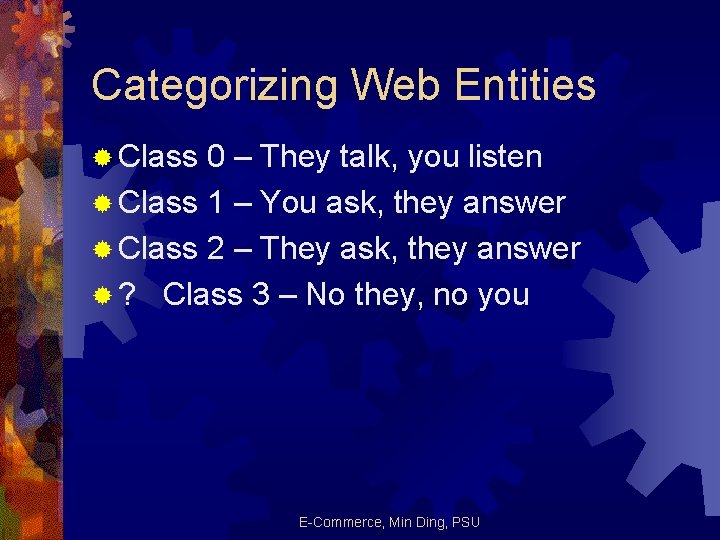 Categorizing Web Entities ® Class 0 – They talk, you listen ® Class 1