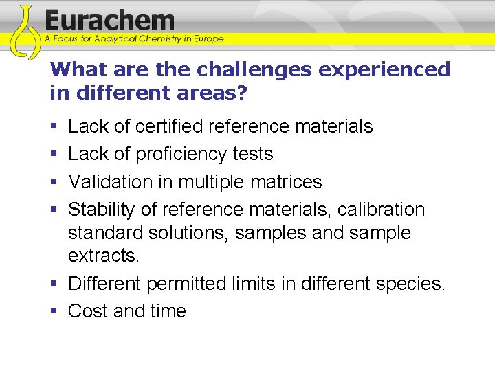 What are the challenges experienced in different areas? § § Lack of certified reference What are the challenges experienced in different areas? § § Lack of certified reference