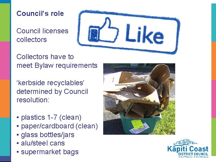 Council’s role Council licenses collectors Collectors have to meet Bylaw requirements ‘kerbside recyclables’ determined
