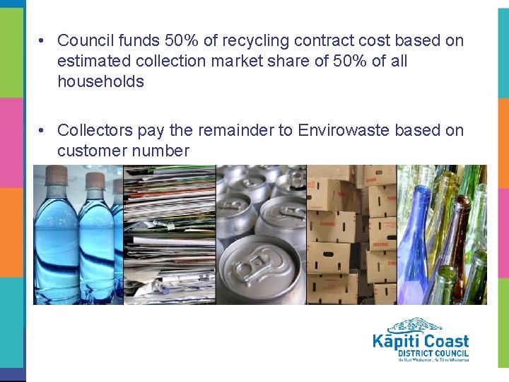  • Council funds 50% of recycling contract cost based on estimated collection market