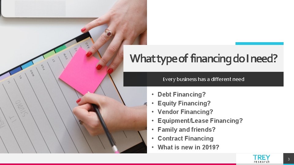 What type of financing do I need? Every business has a different need • What type of financing do I need? Every business has a different need •