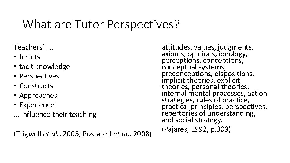 What are Tutor Perspectives? Teachers’ …. • beliefs • tacit knowledge • Perspectives •