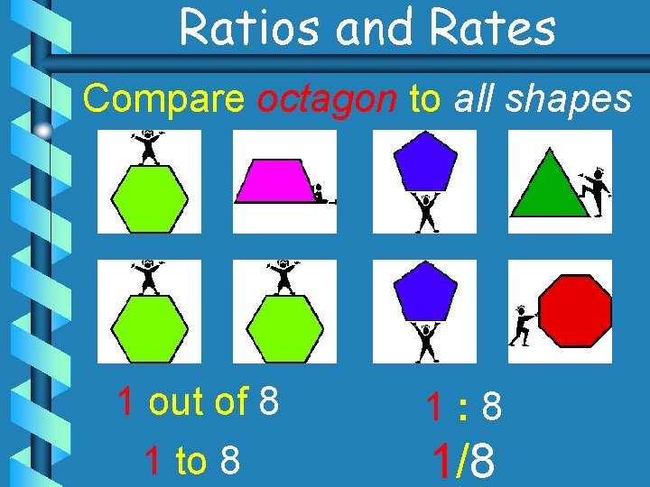 Ratios and Rates Compare octagon to all shapes 1 out of 8 1 to