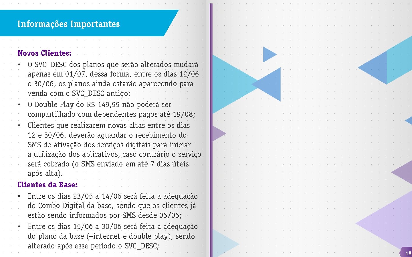 Informações Importantes Novos Clientes: • O SVC_DESC dos planos que serão alterados mudará apenas
