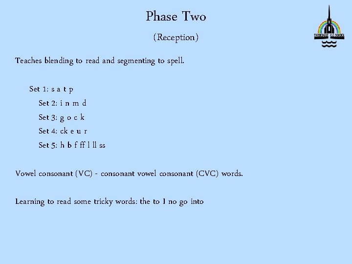 Phase Two (Reception) Teaches blending to read and segmenting to spell. Set 1: s