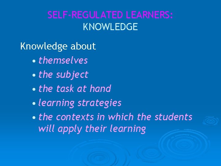 SELF-REGULATED LEARNERS: KNOWLEDGE Knowledge about • themselves • the subject • the task at