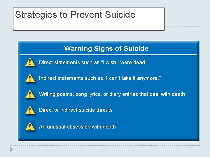 Strategies to Prevent Suicide Warning Signs of Suicide Direct statements such as “I wish Strategies to Prevent Suicide Warning Signs of Suicide Direct statements such as “I wish
