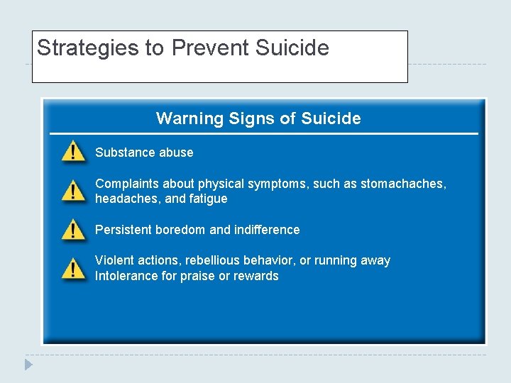 Strategies to Prevent Suicide Warning Signs of Suicide Substance abuse Complaints about physical symptoms, Strategies to Prevent Suicide Warning Signs of Suicide Substance abuse Complaints about physical symptoms,
