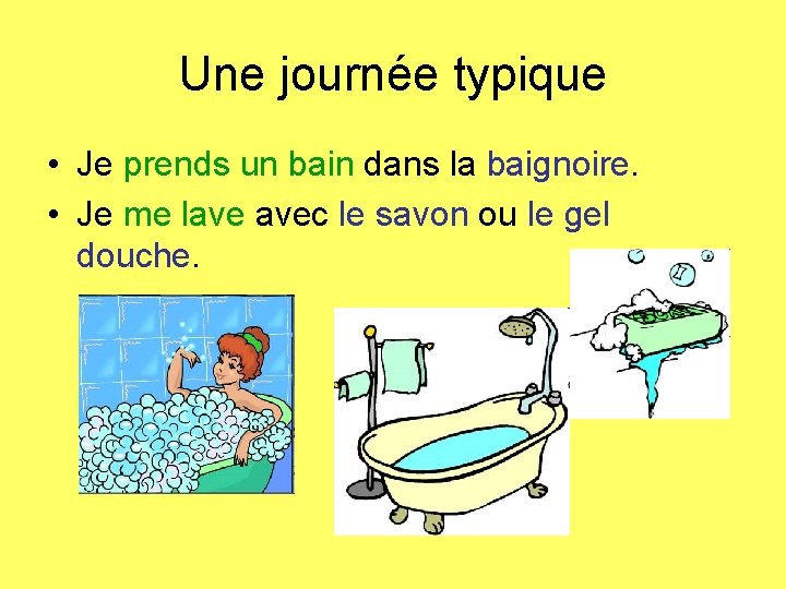 Une journée typique • Je prends un bain dans la baignoire. • Je me