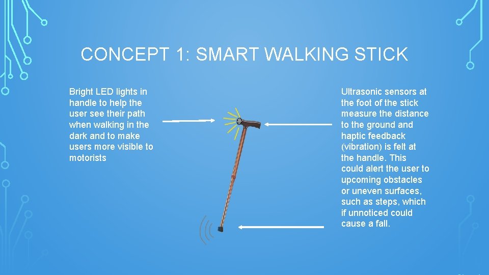 CONCEPT 1: SMART WALKING STICK Bright LED lights in handle to help the user