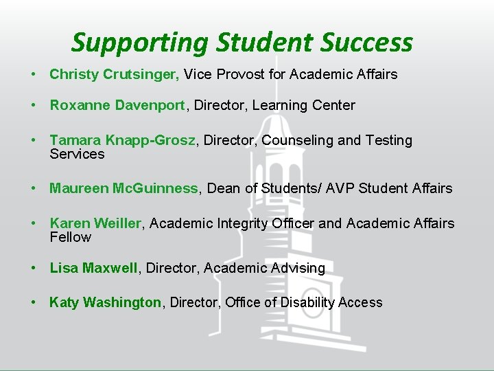 Supporting Student Success • Christy Crutsinger, Vice Provost for Academic Affairs • Roxanne Davenport,