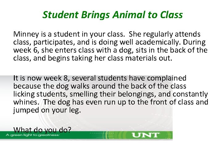 Student Brings Animal to Class Minney is a student in your class. She regularly