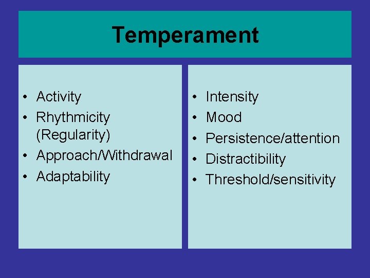 Temperament • Activity • Rhythmicity (Regularity) • Approach/Withdrawal • Adaptability • • • Intensity Temperament • Activity • Rhythmicity (Regularity) • Approach/Withdrawal • Adaptability • • • Intensity