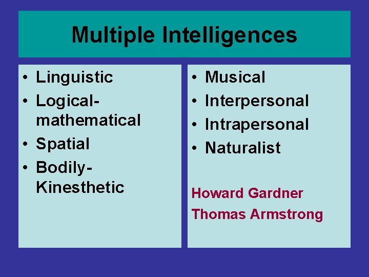 Multiple Intelligences • Linguistic • Logicalmathematical • Spatial • Bodily. Kinesthetic • • Musical Multiple Intelligences • Linguistic • Logicalmathematical • Spatial • Bodily. Kinesthetic • • Musical