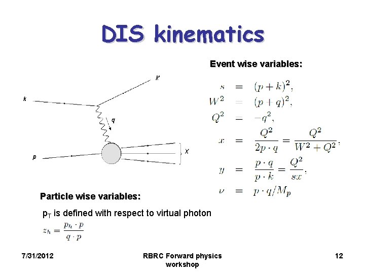 DIS kinematics Event wise variables: Particle wise variables: p. T is defined with respect
