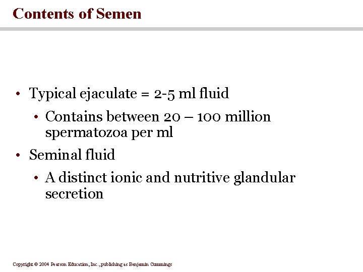 Contents of Semen • Typical ejaculate = 2 -5 ml fluid • Contains between