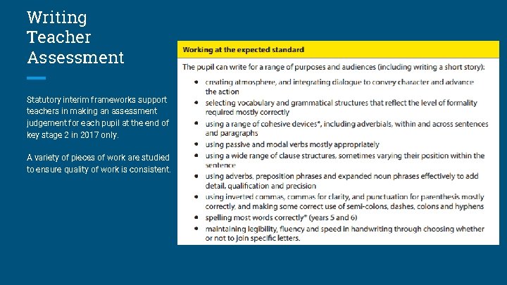 Writing Teacher Assessment Statutory interim frameworks support teachers in making an assessment judgement for