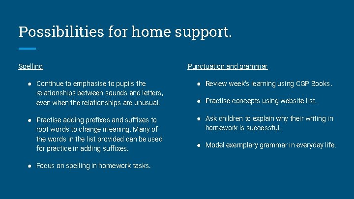 Possibilities for home support. Spelling Punctuation and grammar ● Continue to emphasise to pupils