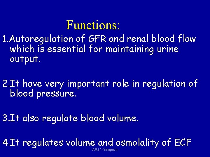 Functions: 1. Autoregulation of GFR and renal blood flow which is essential for maintaining Functions: 1. Autoregulation of GFR and renal blood flow which is essential for maintaining
