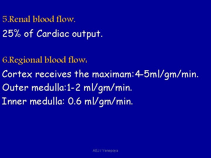 5. Renal blood flow. 25% of Cardiac output. 6. Regional blood flow: Cortex receives 5. Renal blood flow. 25% of Cardiac output. 6. Regional blood flow: Cortex receives