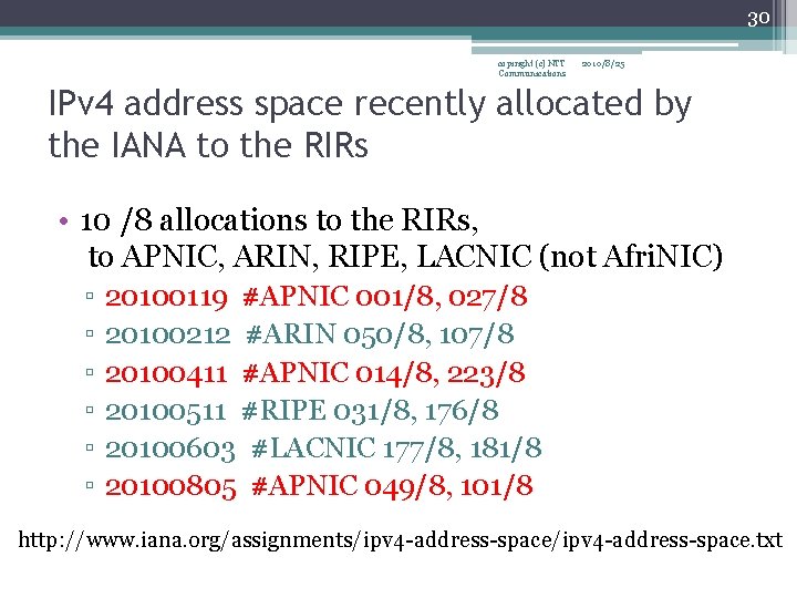30 copiright (c) NTT Communications 2010/8/25 IPv 4 address space recently allocated by the