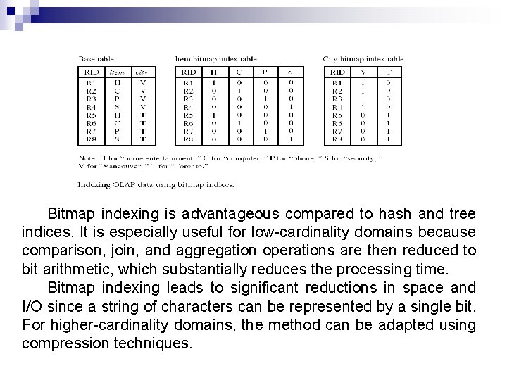 Bitmap indexing is advantageous compared to hash and tree indices. It is especially useful