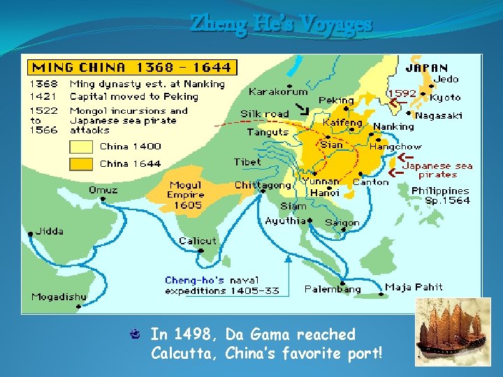 Zheng He’s Voyages In 1498, Da Gama reached Calcutta, China’s favorite port! 