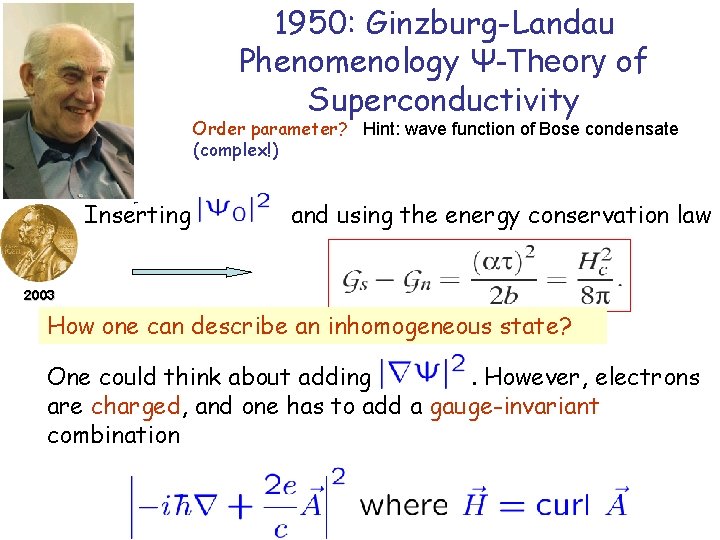 1950: Ginzburg-Landau Phenomenology Ψ-Theory of Superconductivity Order parameter? Hint: wave function of Bose condensate