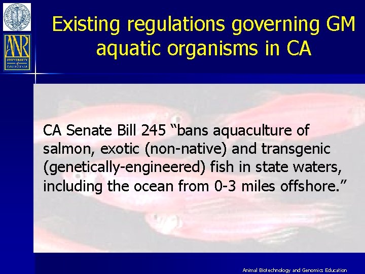 Existing regulations governing GM aquatic organisms in CA CA Senate Bill 245 “bans aquaculture