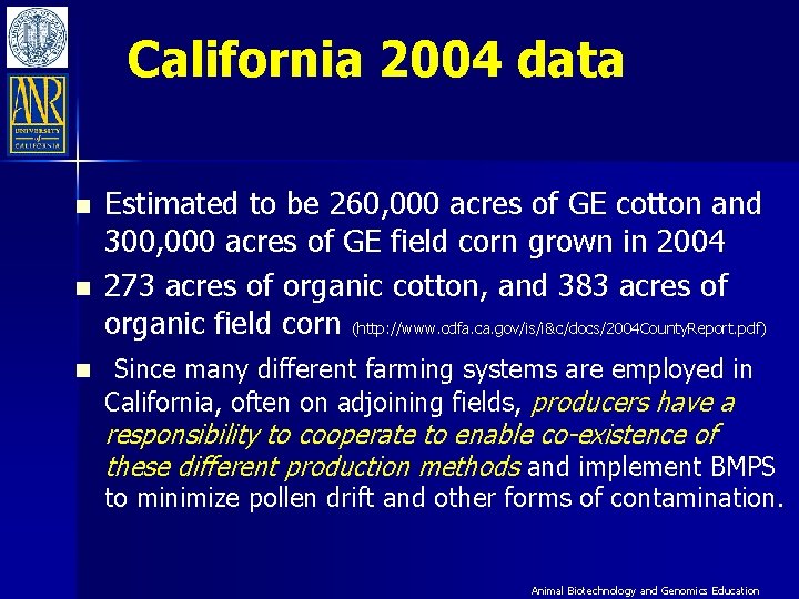 California 2004 data n n Estimated to be 260, 000 acres of GE cotton