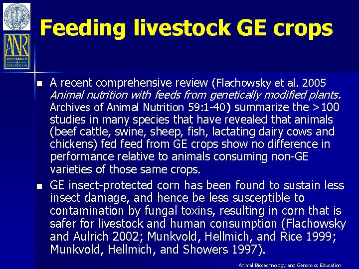Feeding livestock GE crops n n A recent comprehensive review (Flachowsky et al. 2005