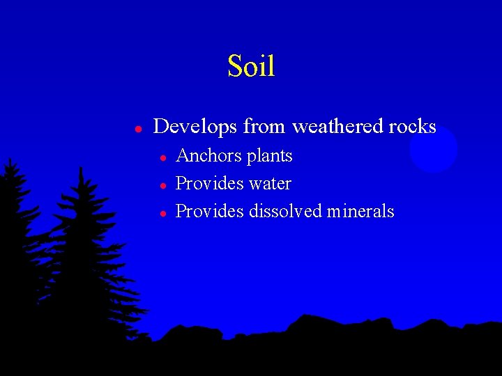 Soil l Develops from weathered rocks l l l Anchors plants Provides water Provides