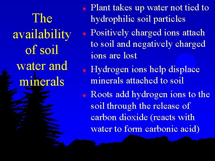 The availability of soil water and minerals l l Plant takes up water not