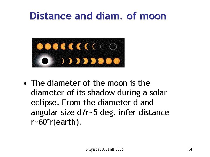 Distance and diam. of moon • The diameter of the moon is the diameter